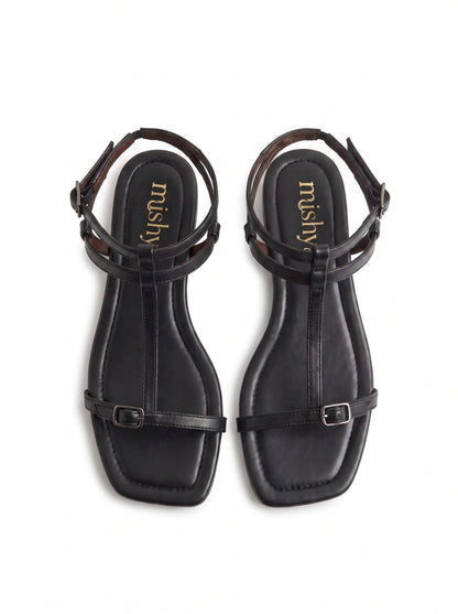 T-Strap Flat Sandals - Black