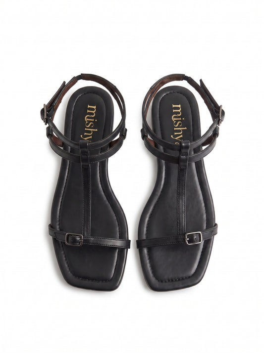 T-Strap Flat Sandals - Black