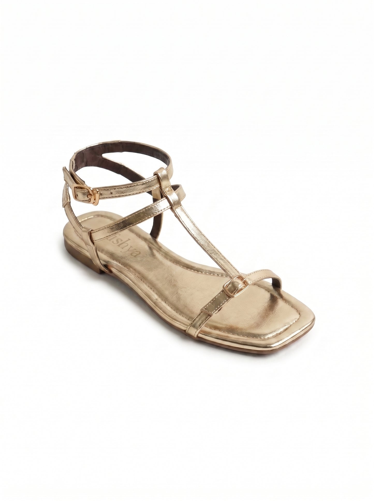 T-Strap Flat Sandals - Gold