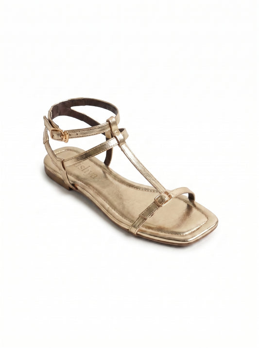 T-Strap Flat Sandals - Gold