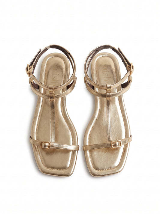 T-Strap Flat Sandals - Gold