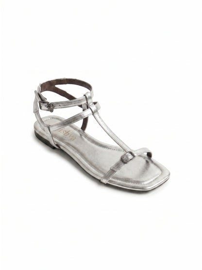 T-Strap Flat Sandals - Silver