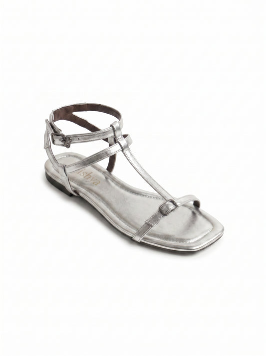 T-Strap Flat Sandals - Silver