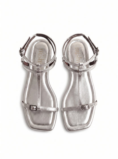 T-Strap Flat Sandals - Silver