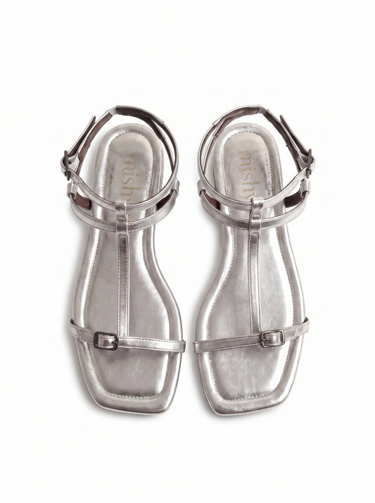 T-Strap Flat Sandals - Silver