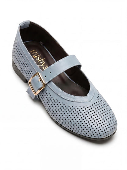 Perforated Leather Mary Jane Flats - Baby Blue