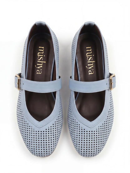 Perforated Leather Mary Jane Flats - Baby Blue