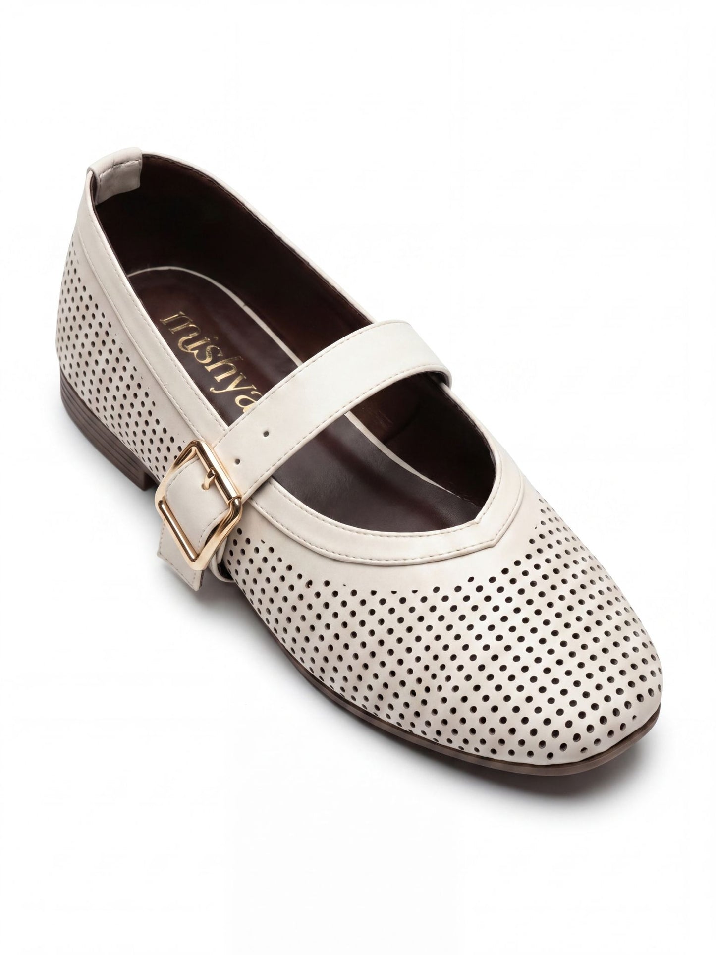 Perforated Leather Mary Jane Flats - Beige