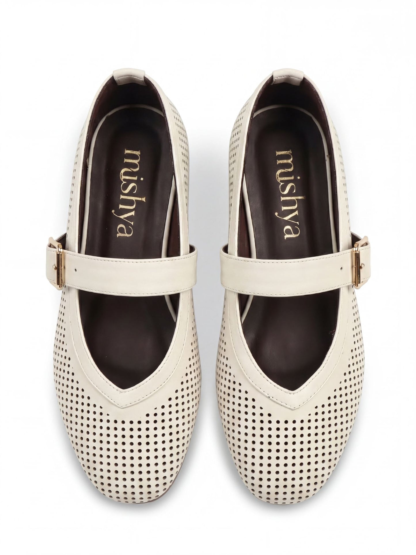 Perforated Leather Mary Jane Flats - Beige