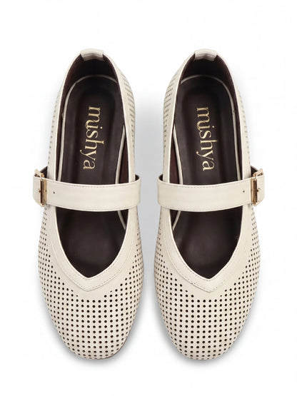 Perforated Leather Mary Jane Flats - Beige