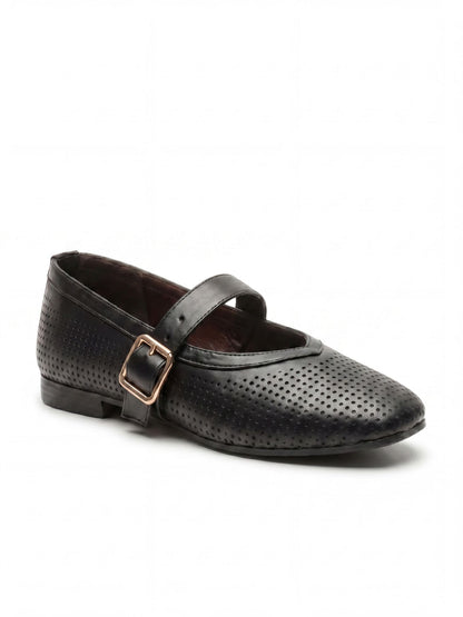 Perforated Leather Mary Jane Flats - Black