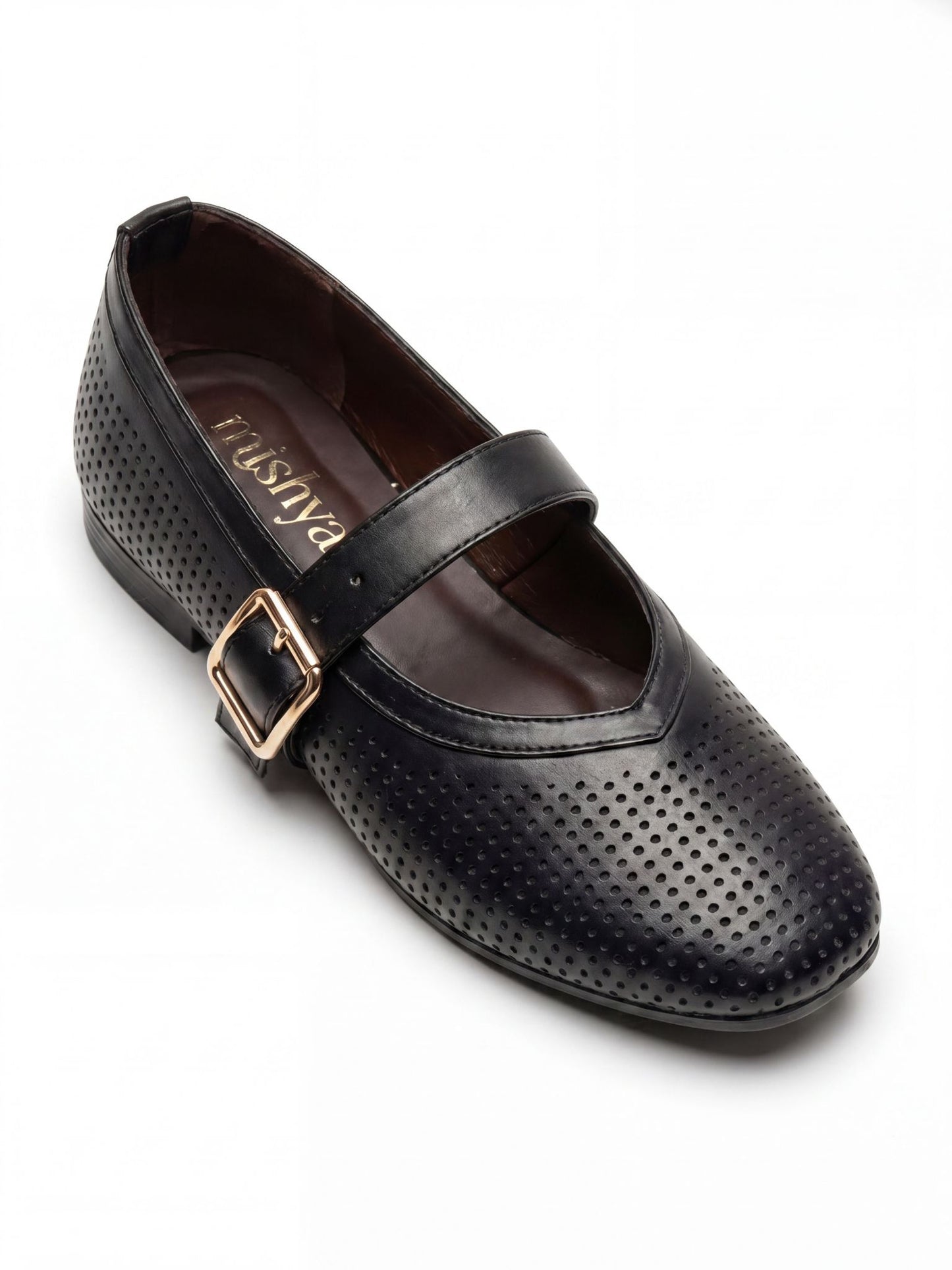 Perforated Leather Mary Jane Flats - Black