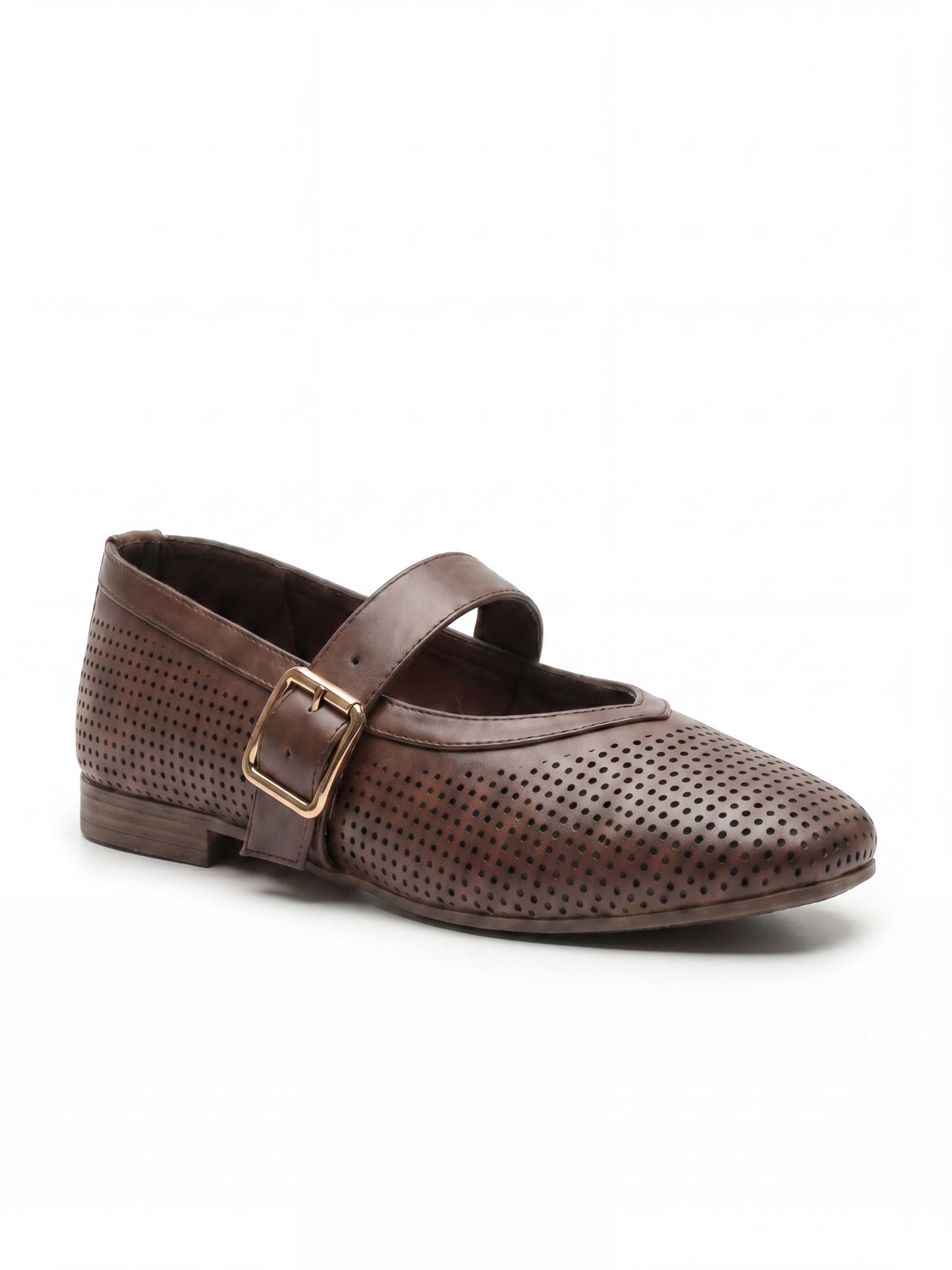 Perforated Leather Mary Jane Flats - Brown