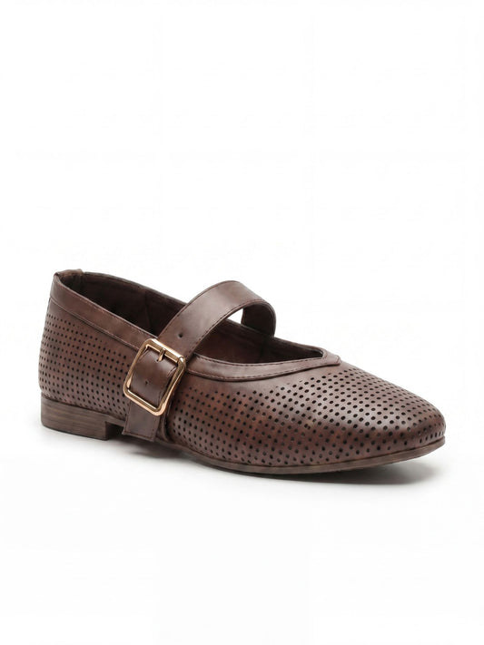 Perforated Leather Mary Jane Flats - Brown
