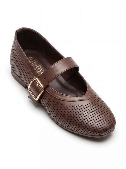 Perforated Leather Mary Jane Flats - Brown