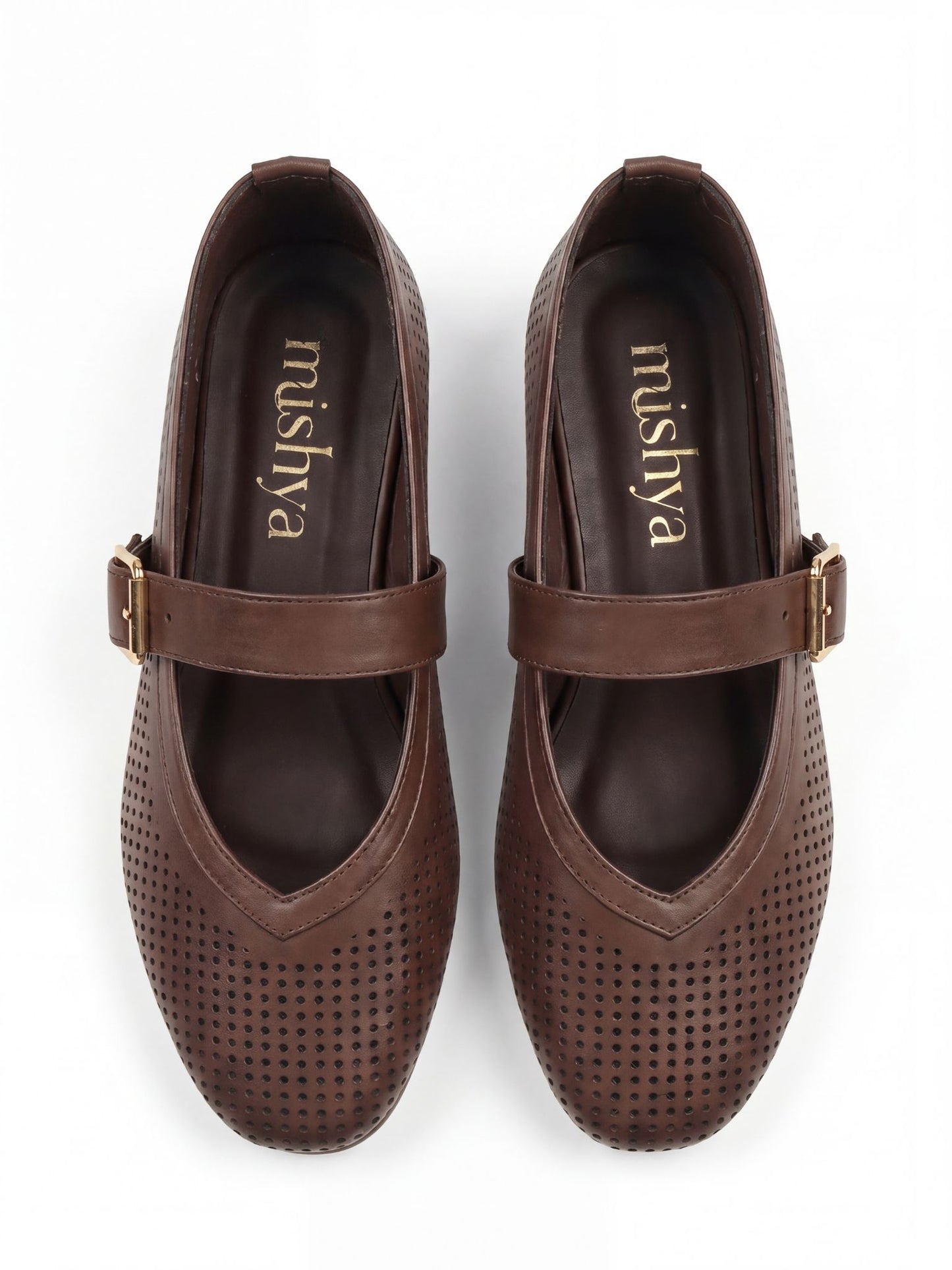 Perforated Leather Mary Jane Flats - Brown