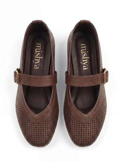 Perforated Leather Mary Jane Flats - Brown