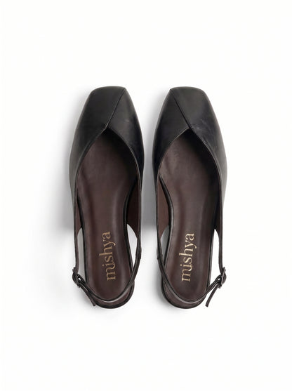 Square-Toe Flat Slingbacks in Black