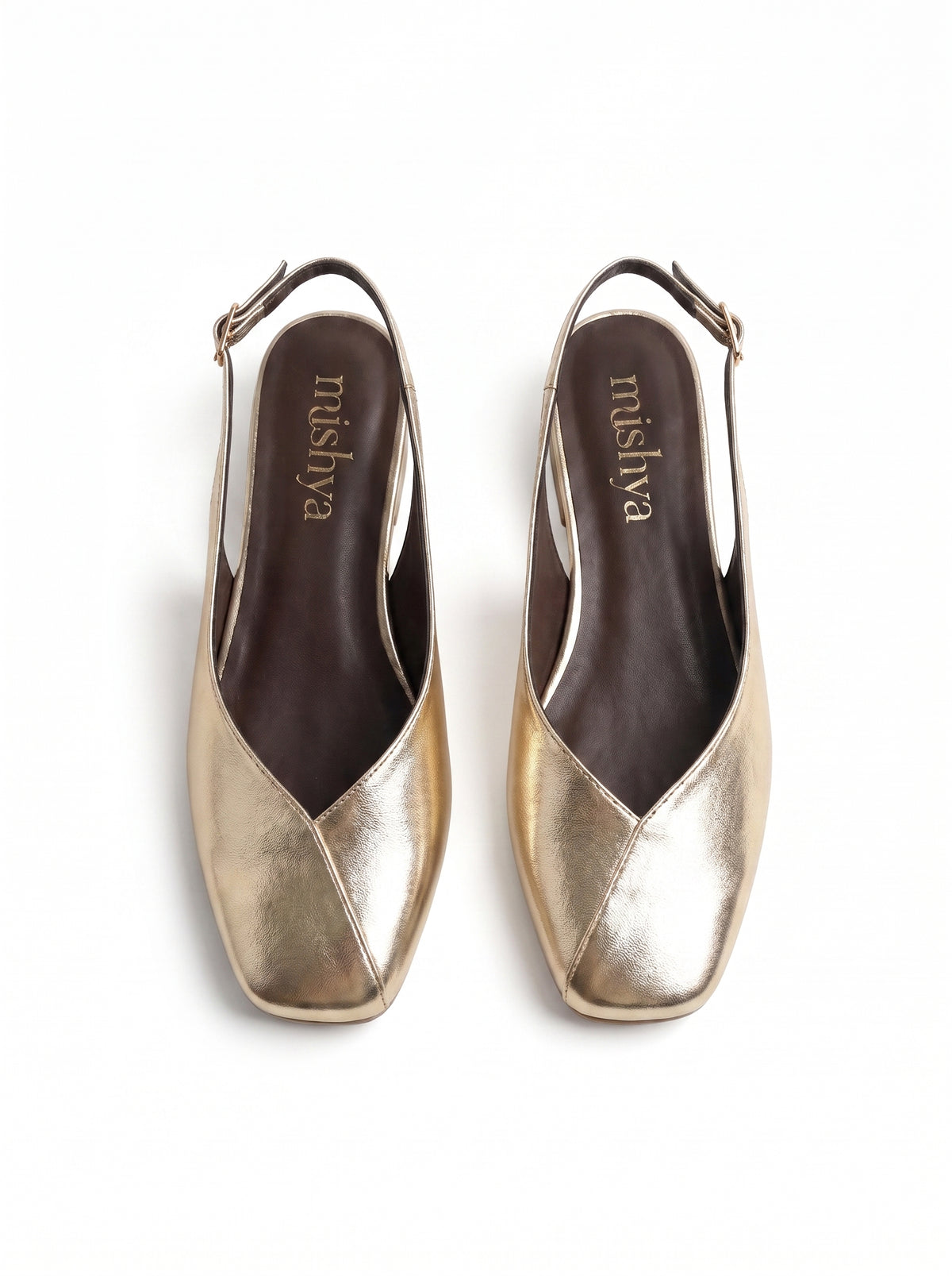 Square-Toe Flat Slingbacks in Gold