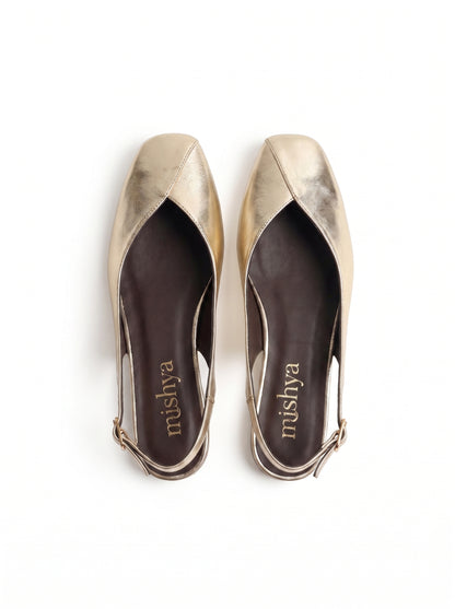 Square-Toe Flat Slingbacks in Gold