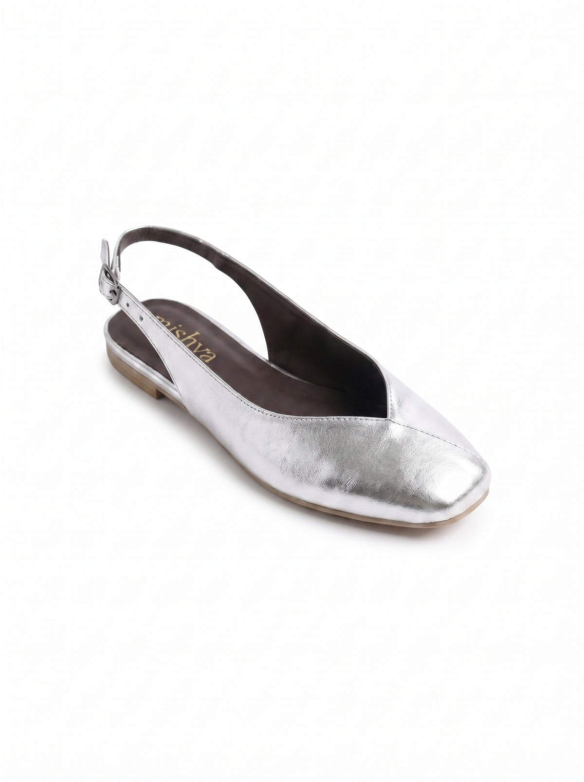 Square-Toe Flat Slingbacks in Silver