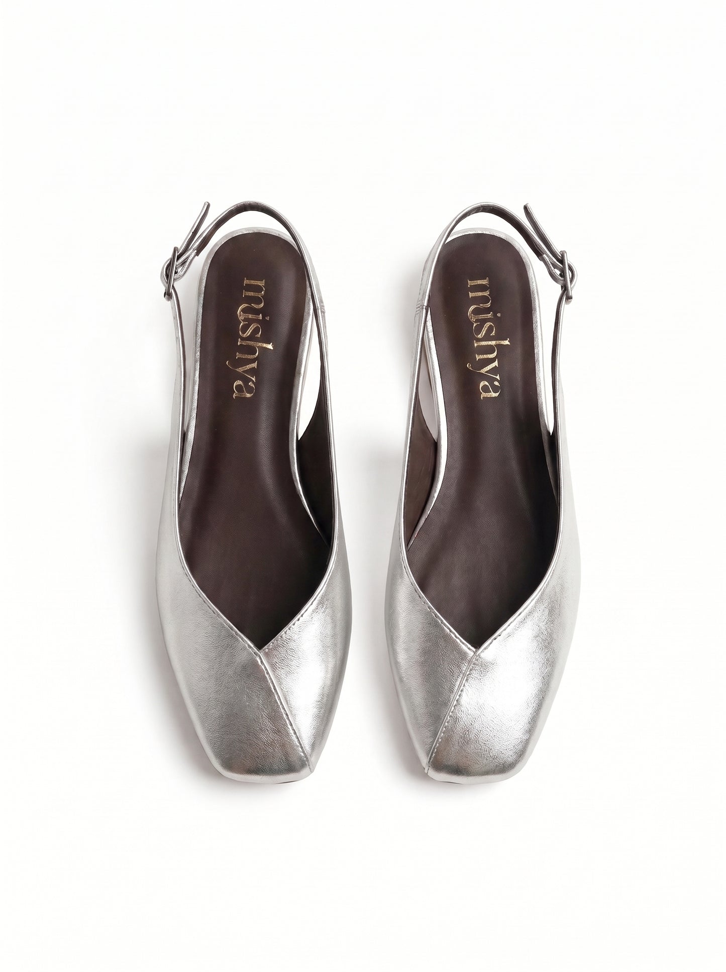 Square-Toe Flat Slingbacks in Silver