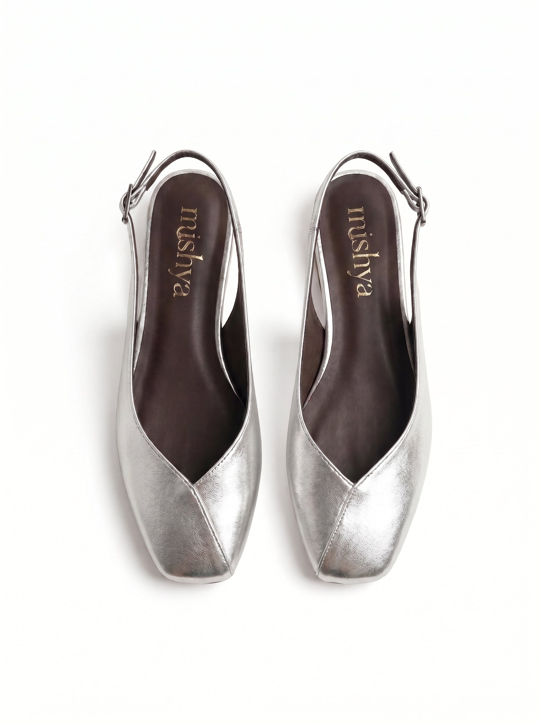 Square-Toe Flat Slingbacks in Silver