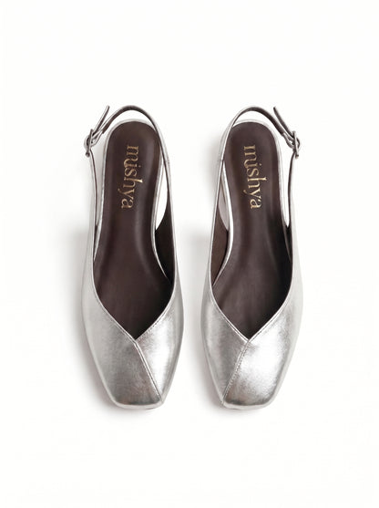 Square-Toe Flat Slingbacks in Silver