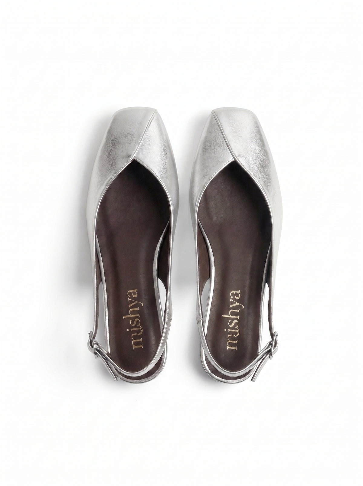 Square-Toe Flat Slingbacks in Silver