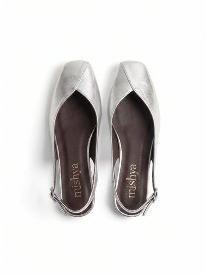 Square-Toe Flat Slingbacks in Silver