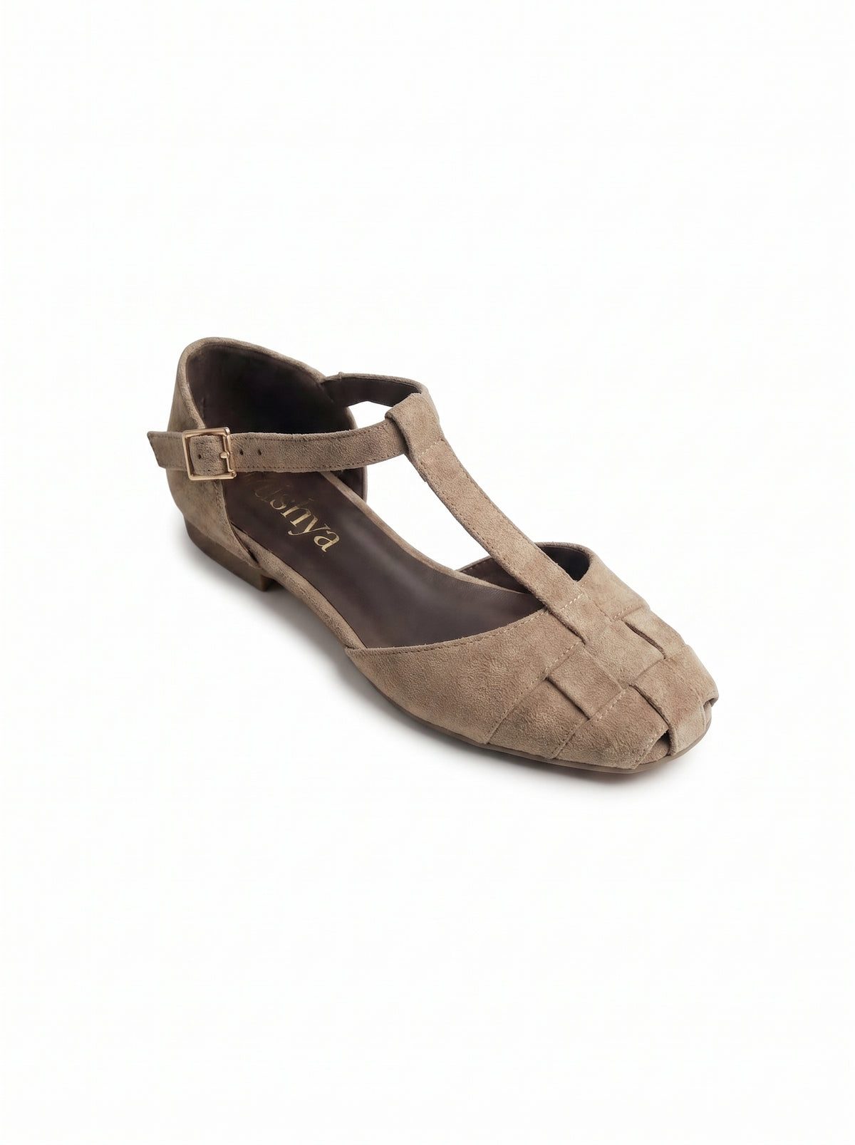 Woven Suede T-Strap Flats in Beige