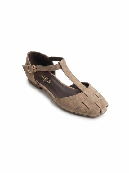 Woven Suede T-Strap Flats in Beige