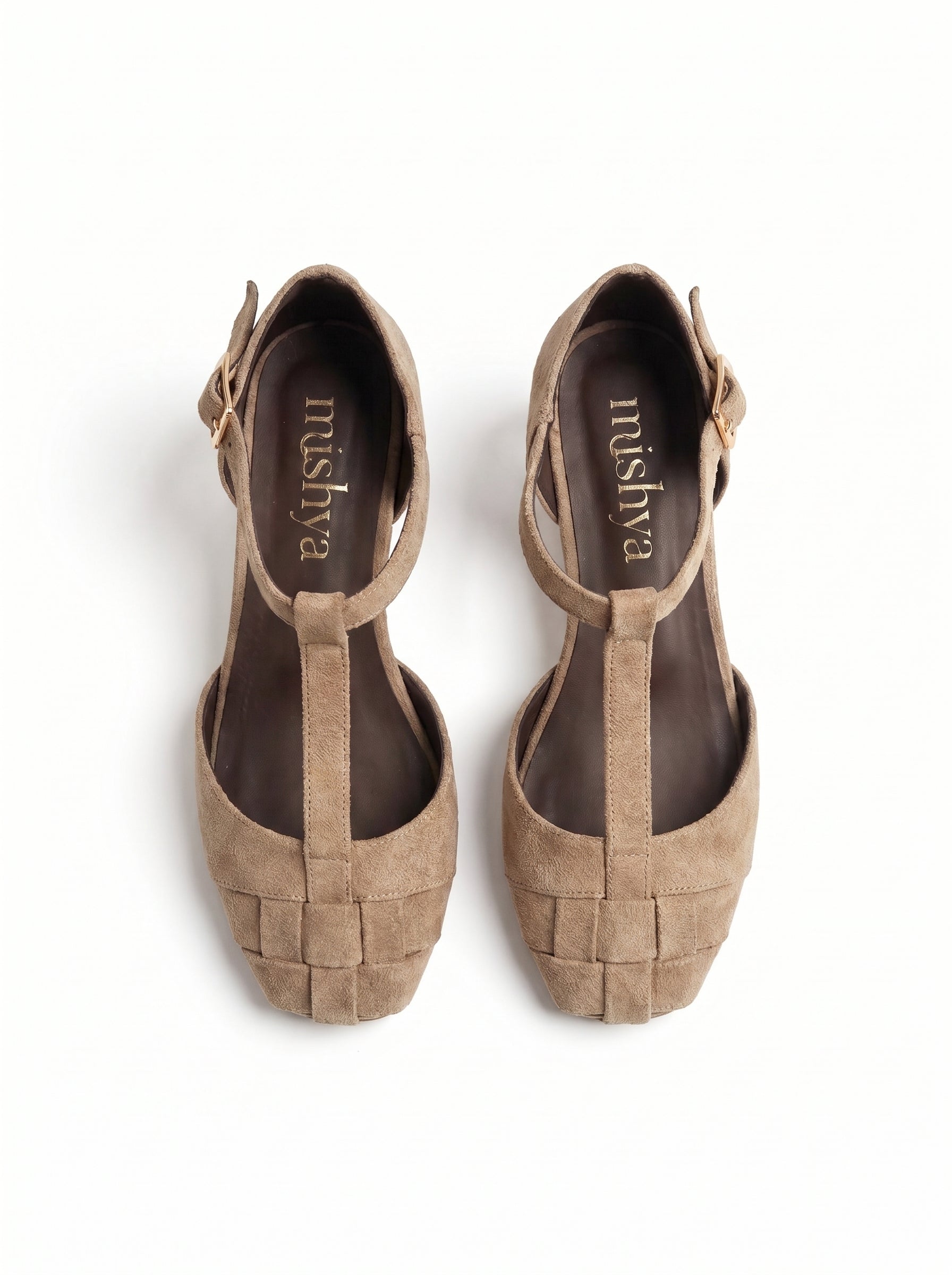 Woven Suede T-Strap Flats in Beige