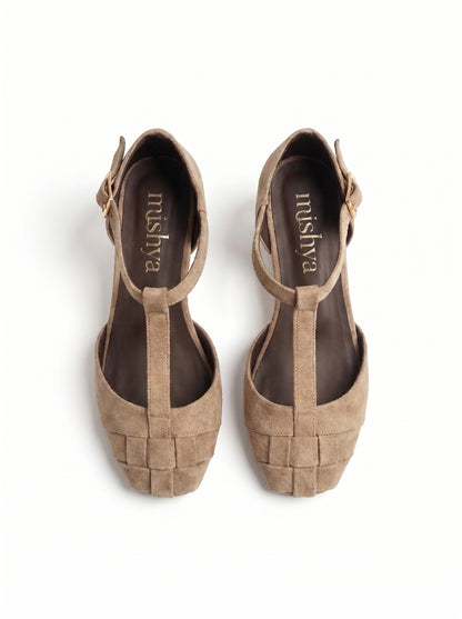 Woven Suede T-Strap Flats in Beige