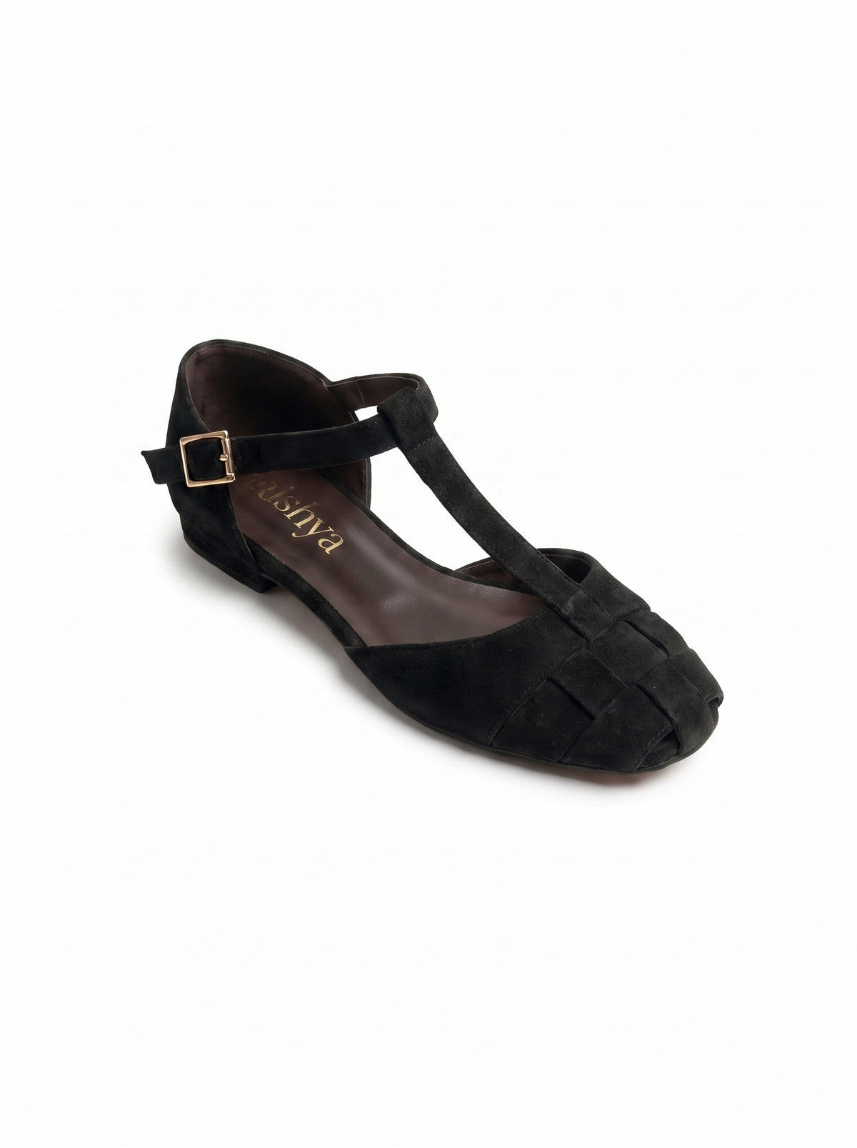 Woven Suede T-Strap Flats in Black