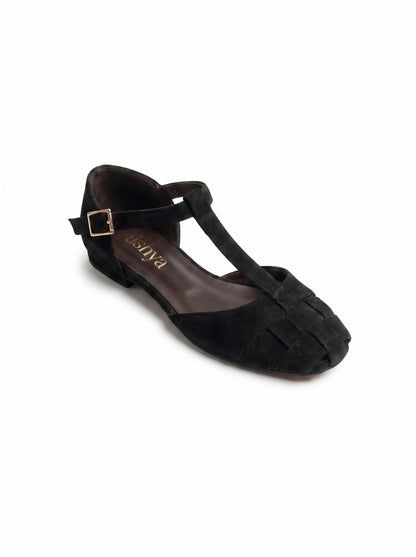 Woven Suede T-Strap Flats in Black