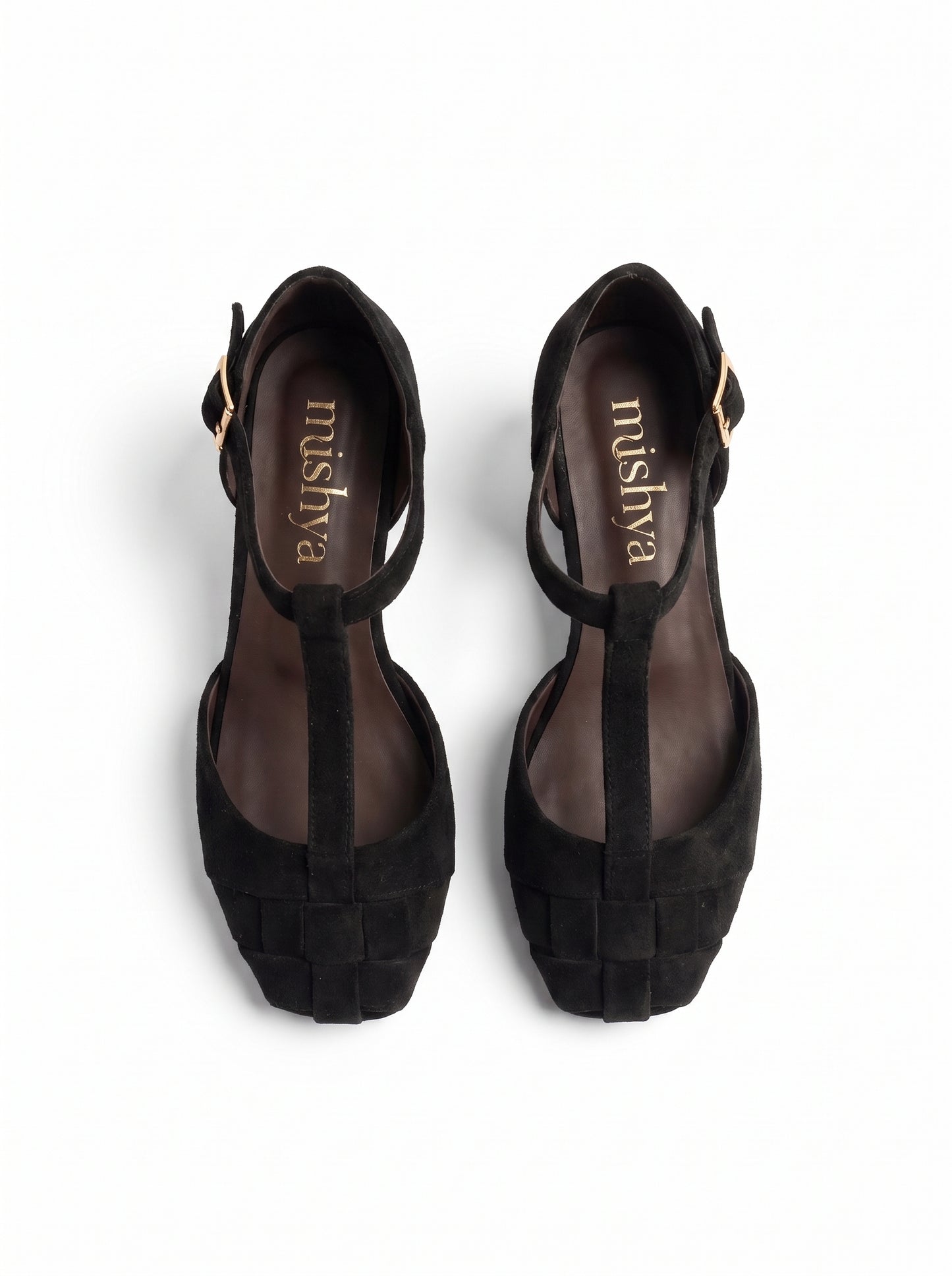 Woven Suede T-Strap Flats in Black