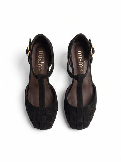 Woven Suede T-Strap Flats in Black