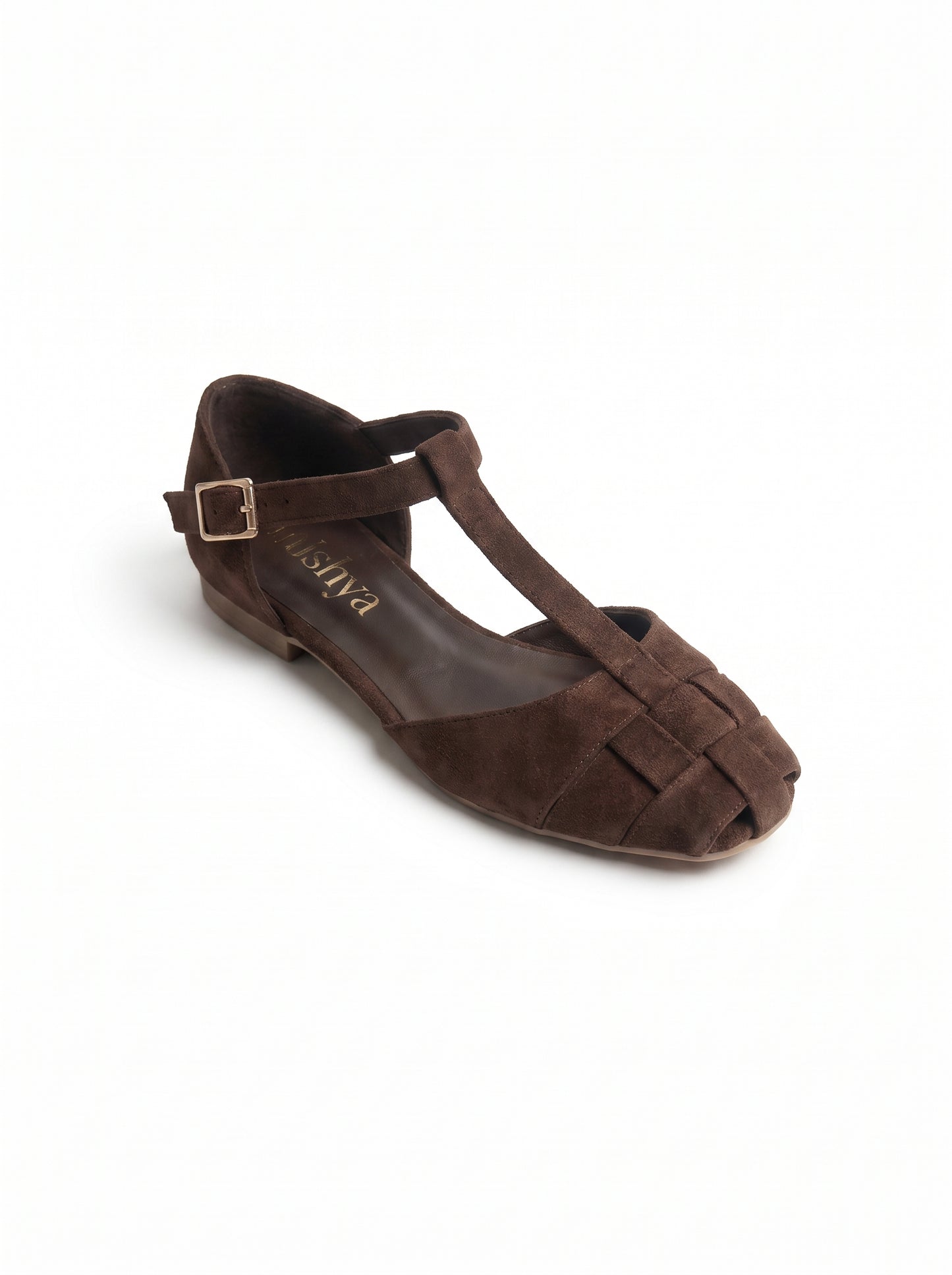Woven Suede T-Strap Flats in Brown
