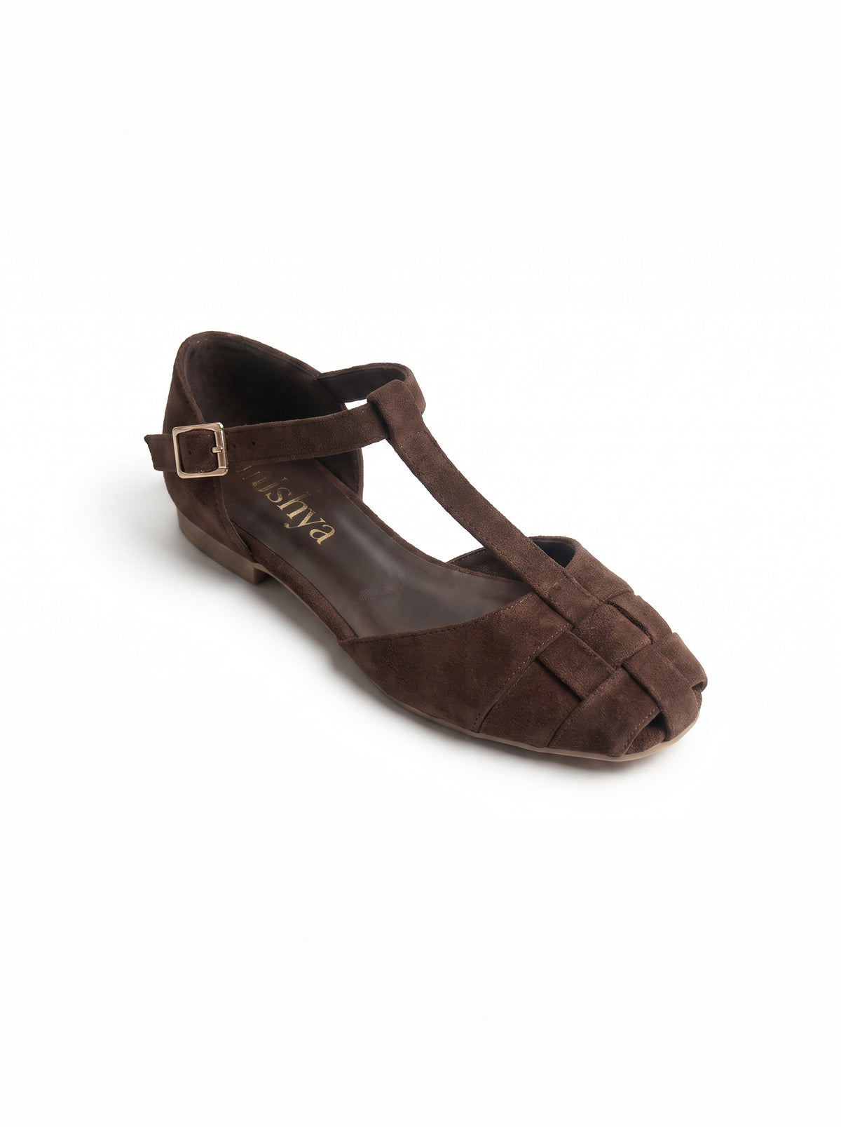 Woven Suede T-Strap Flats in Brown