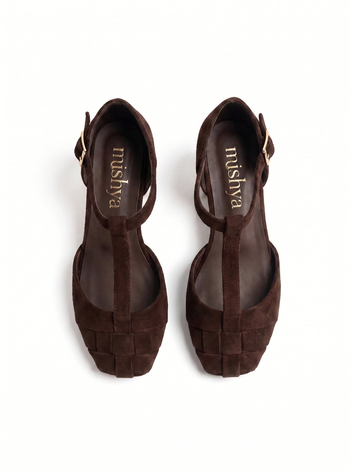 Woven Suede T-Strap Flats in Brown