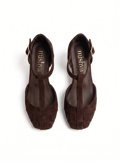 Woven Suede T-Strap Flats in Brown