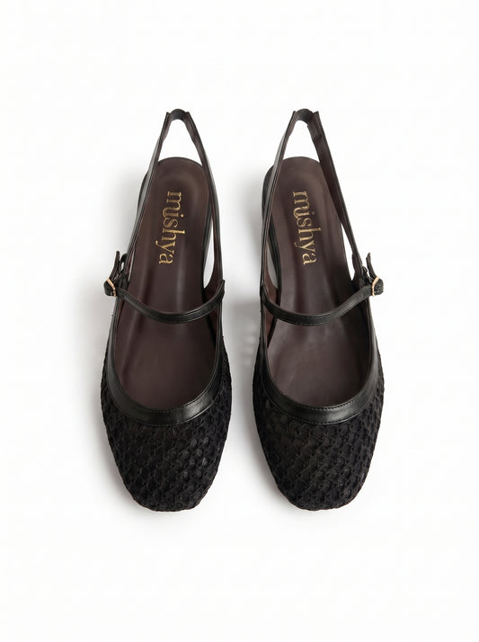 Mesh Mary Jane Slingback Flats in Black