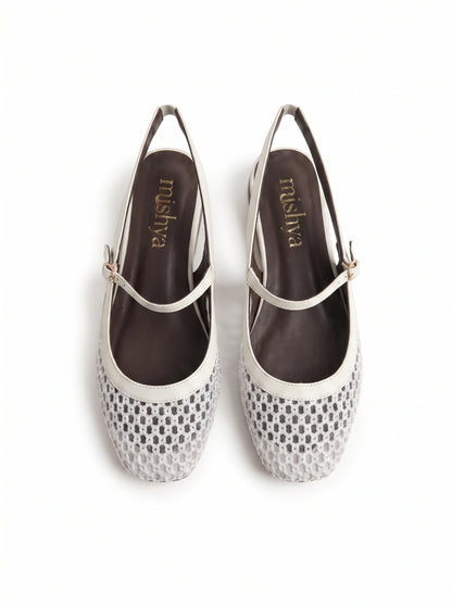 Mesh Mary Jane Slingback Flats in White