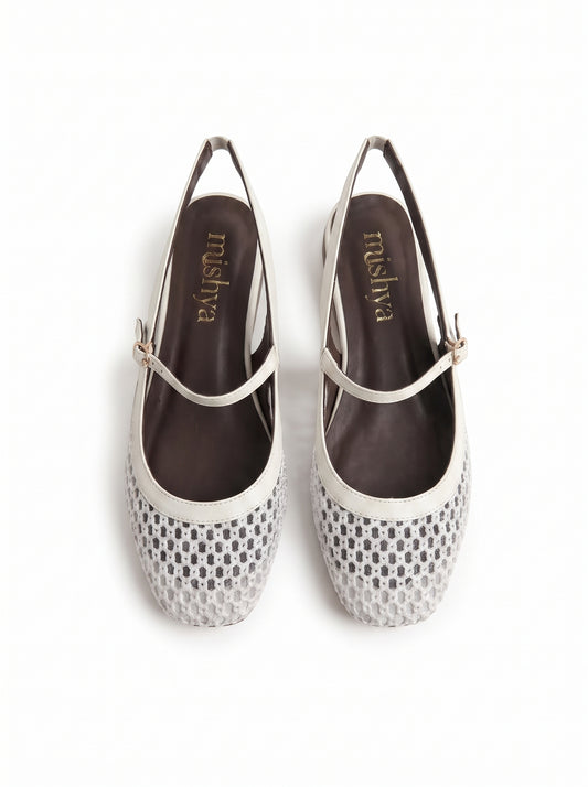 Mesh Mary Jane Slingback Flats in White