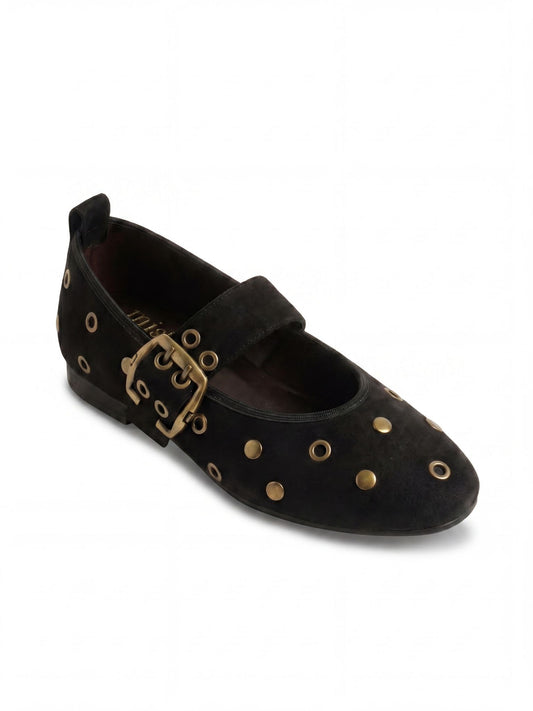 Studded Suede Mary Jane Flats in Black