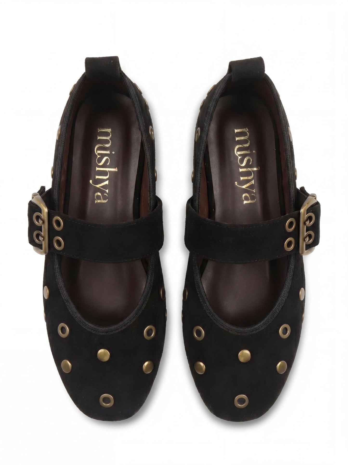 Studded Suede Mary Jane Flats in Black