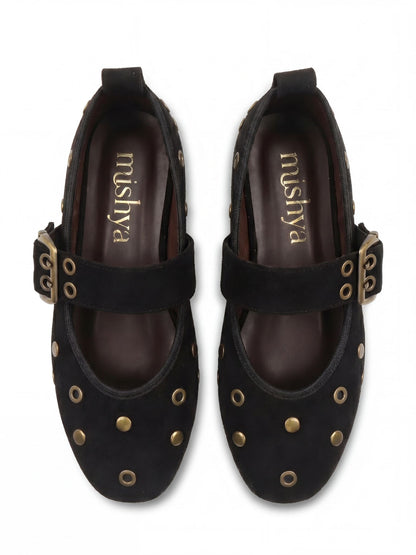 Studded Suede Mary Jane Flats in Black