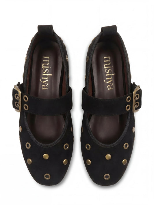 Studded Suede Mary Jane Flats in Black