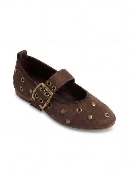 Studded Suede Mary Jane Flats in Brown